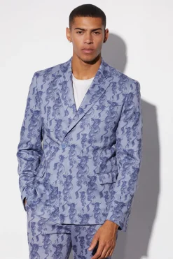 Slim Fit Wrap Dragon Printed Suit Jacket | BoohooMAN UK