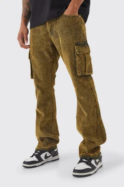 Slim Flare Acid Wash Cargo Corduroy Trouser | BoohooMAN UK