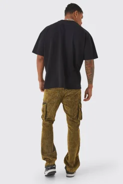 Slim Flare Acid Wash Cargo Corduroy Trouser | BoohooMAN UK
