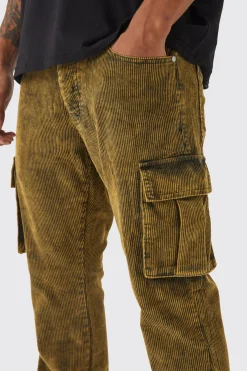 Slim Flare Acid Wash Cargo Corduroy Trouser | BoohooMAN UK