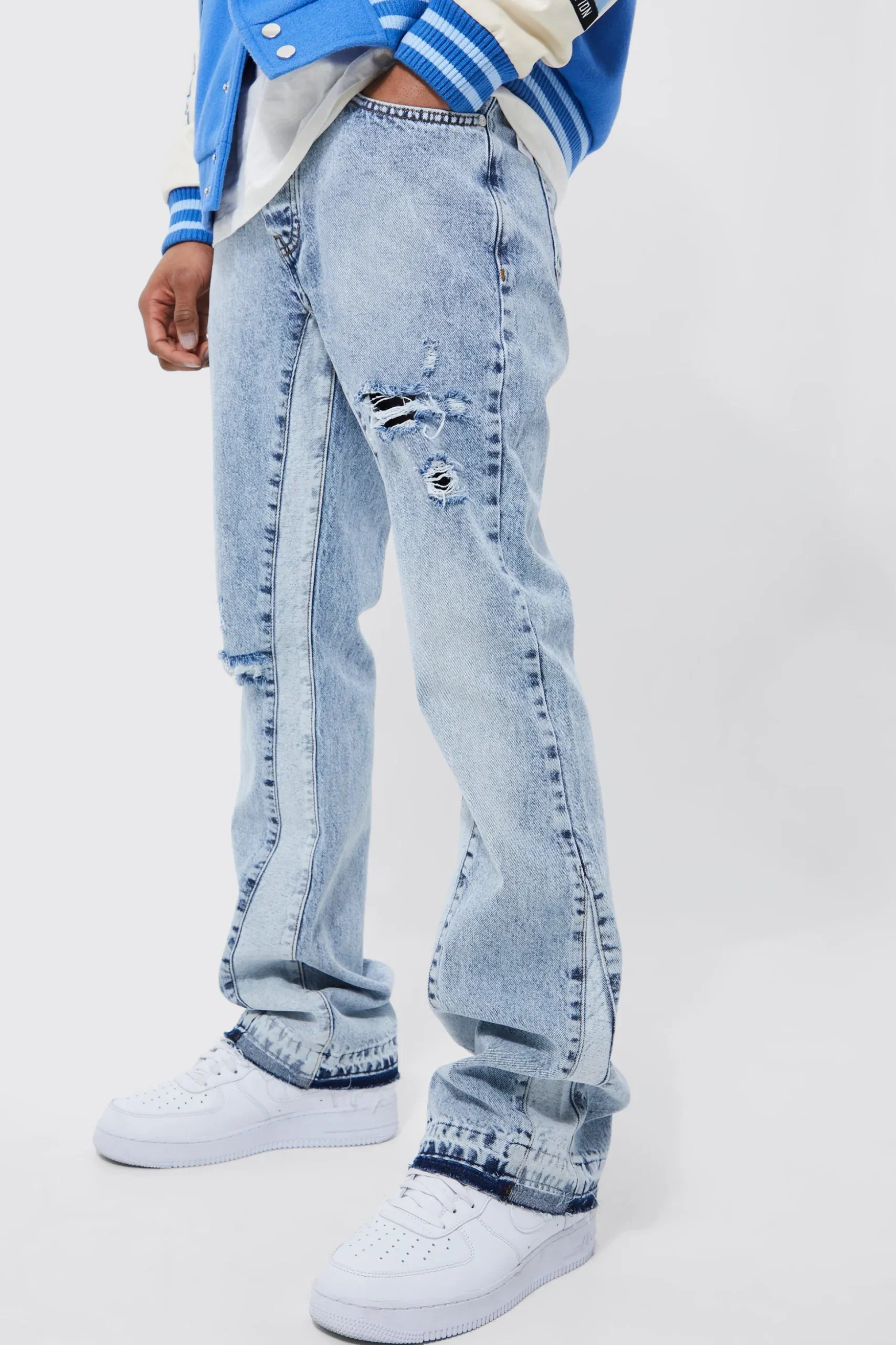 Slim Flare Distressed Gusset Panel Jeans | BoohooMAN UK