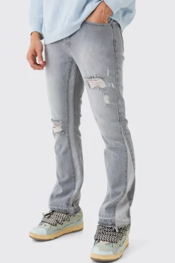 Slim Flare Distressed Gusset Panel Jeans | BoohooMAN UK