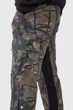 Slim Flare Forrest Camo Gusset Cargo Trouser | BoohooMAN UK