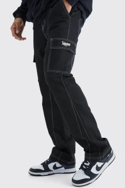 Slim Flare Gusset Contrast Stitch Cargo Trouser | BoohooMAN UK