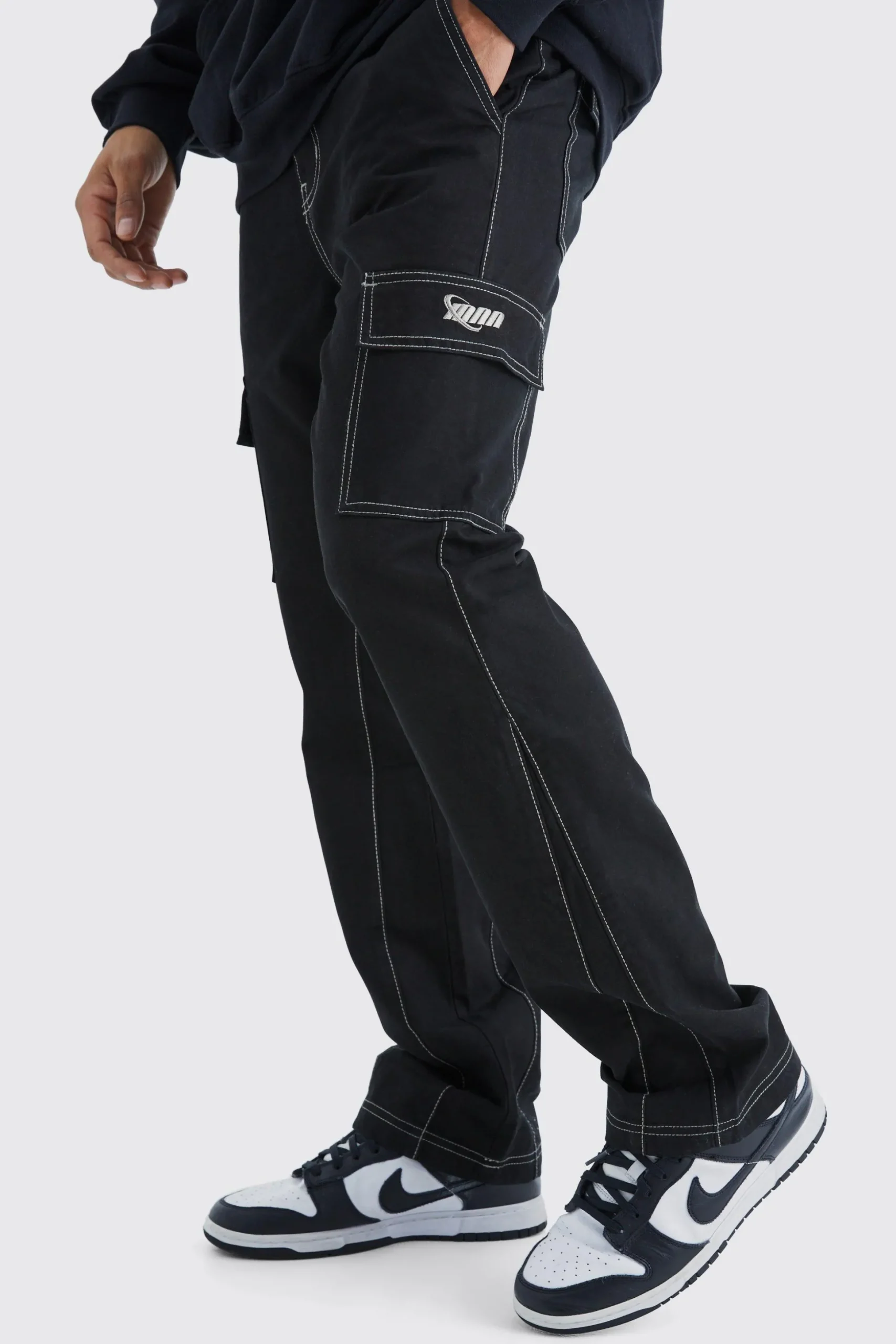 Slim Flare Gusset Contrast Stitch Cargo Trouser | BoohooMAN UK