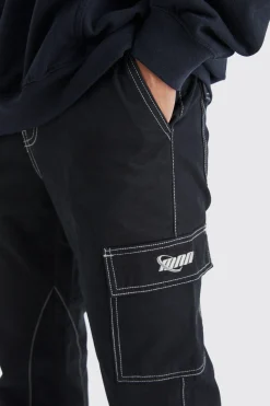 Slim Flare Gusset Contrast Stitch Cargo Trouser | BoohooMAN UK