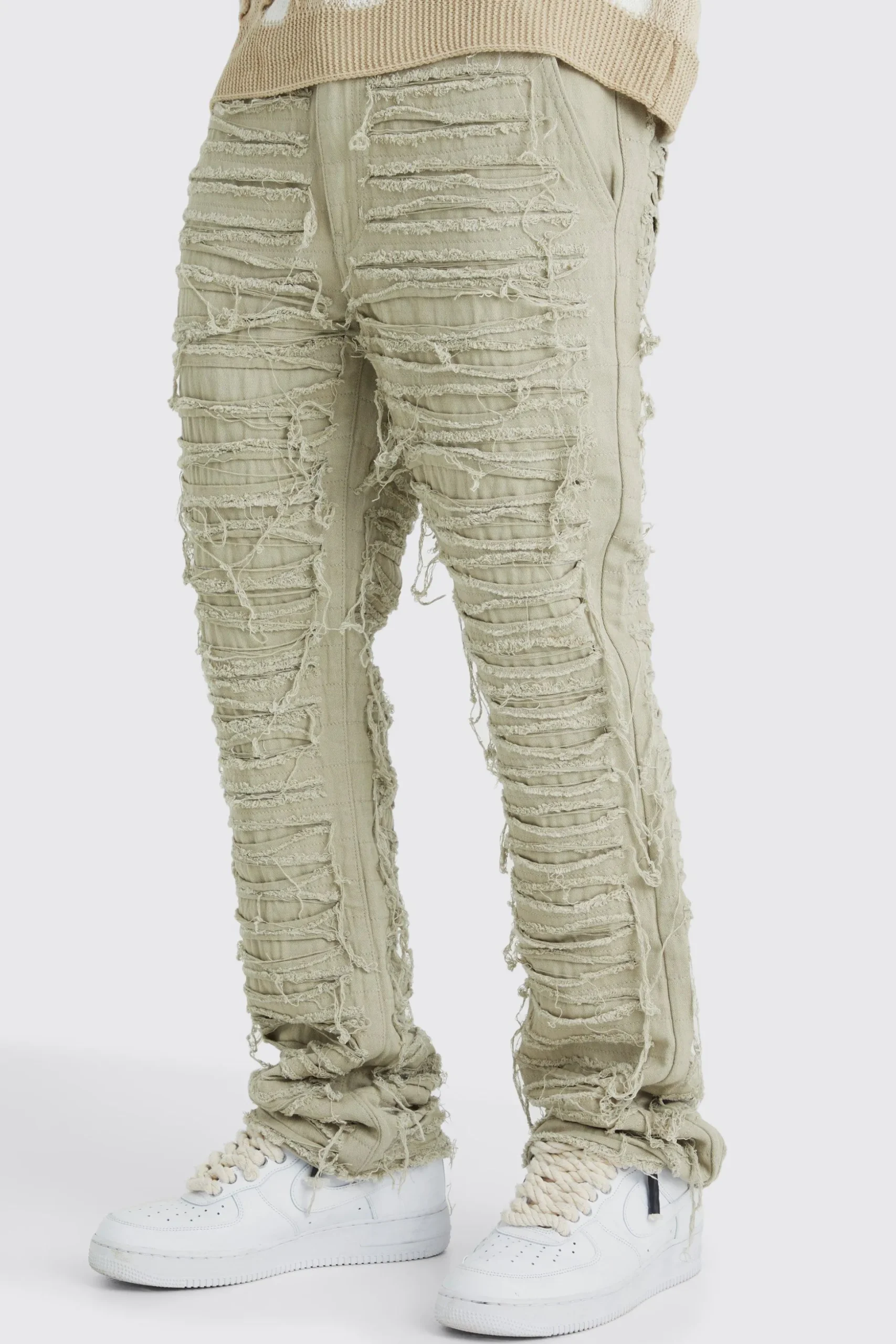 Slim Flare Heavily Distressed Trouser | BoohooMAN UK