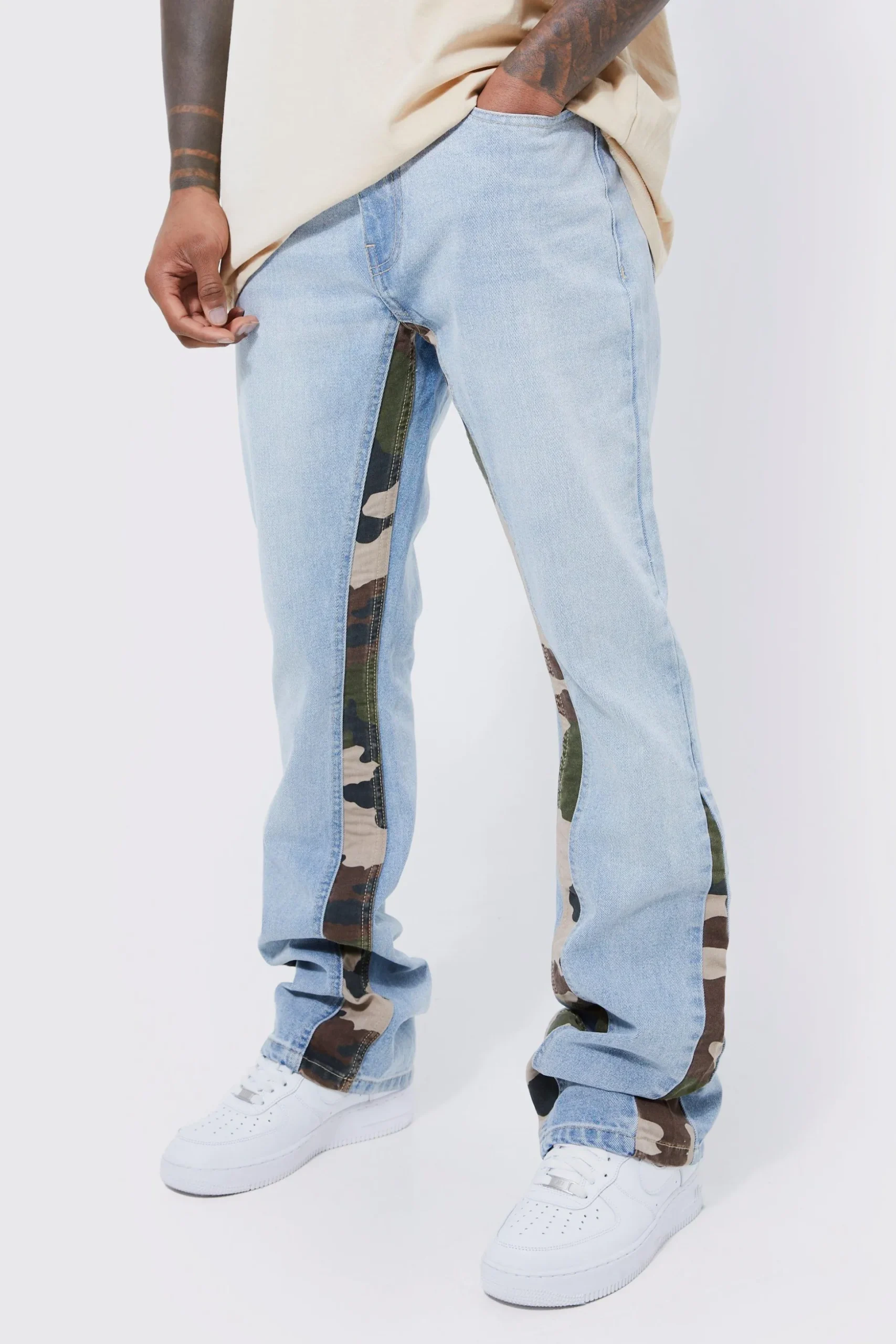 Slim Flare Jeans With Camo Panels | BoohooMAN UK