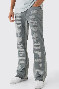 Slim Flare Rigid All Over Rip & Repaired Jeans In Antique Grey | BoohooMAN UK