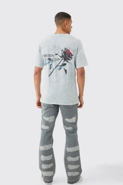Slim Flare Rigid All Over Rip & Repaired Jeans In Antique Grey | BoohooMAN UK