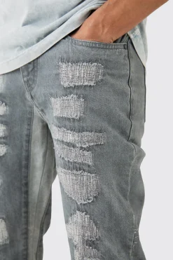 Slim Flare Rigid All Over Rip & Repaired Jeans In Antique Grey | BoohooMAN UK