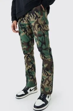 Slim Flare Ripstop Camo Cargo Trouser With Popper Hem | BoohooMAN UK