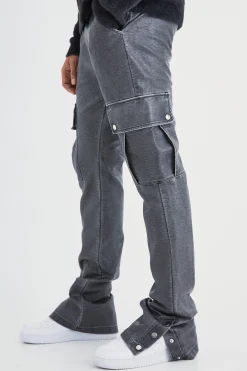 Slim Flare Washed Pu Cargo Popper Hem Trouser | BoohooMAN UK