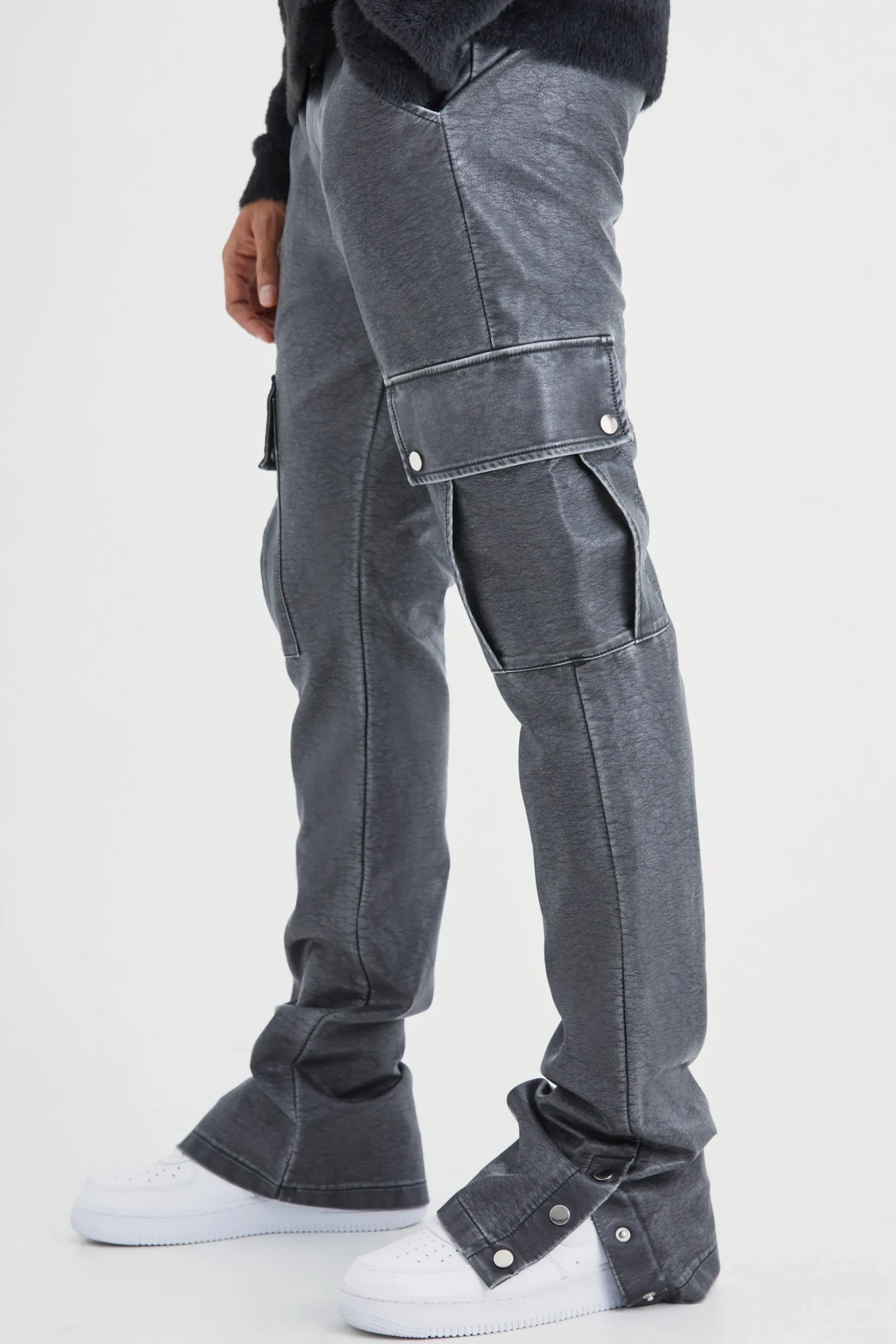 Slim Flare Washed Pu Cargo Popper Hem Trouser | BoohooMAN UK