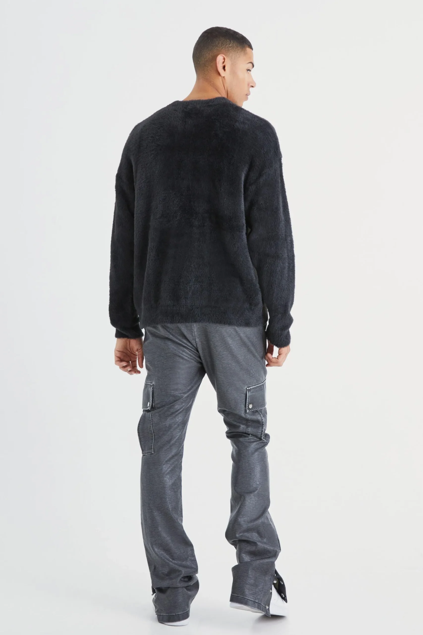 Slim Flare Washed Pu Cargo Popper Hem Trouser | BoohooMAN UK