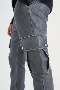 Slim Flare Washed Pu Cargo Popper Hem Trouser | BoohooMAN UK