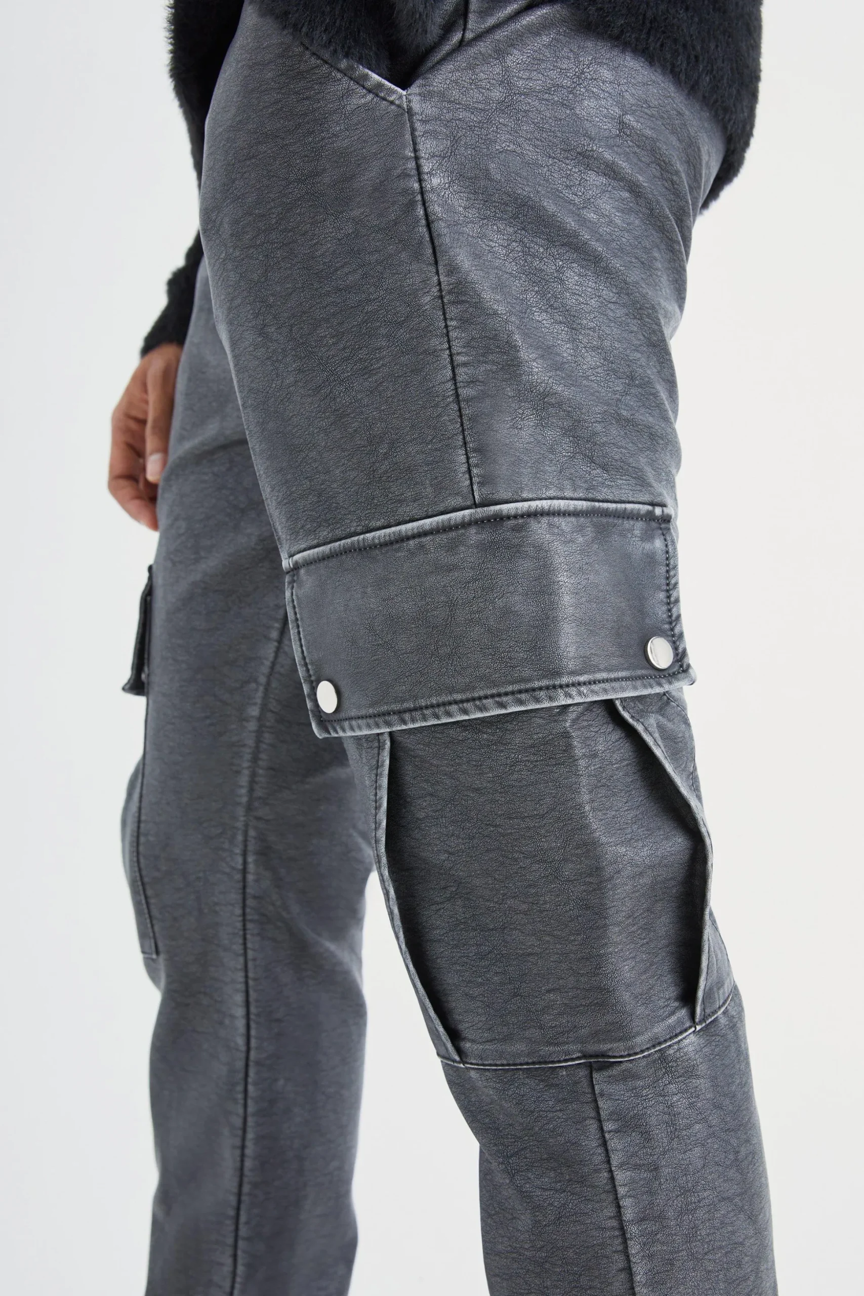 Slim Flare Washed Pu Cargo Popper Hem Trouser | BoohooMAN UK