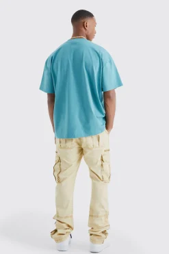 Slim Flare Zip Gusset Overdye Acid Wash Cargo Trouser | BoohooMAN UK
