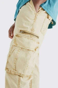 Slim Flare Zip Gusset Overdye Acid Wash Cargo Trouser | BoohooMAN UK