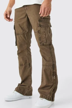 Slim Flare Zip Gusset Overdye Acid Wash Cargo Trouser | BoohooMAN UK