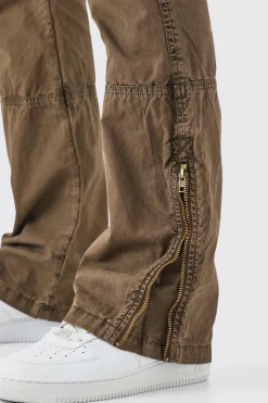 Slim Flare Zip Gusset Overdye Acid Wash Cargo Trouser | BoohooMAN UK