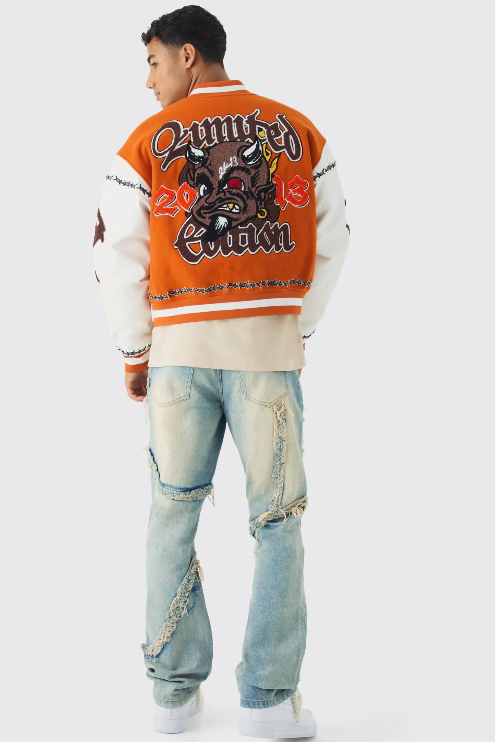 Slim Flared Patchwork Distressed Bleached Jeans | BoohooMAN UK
