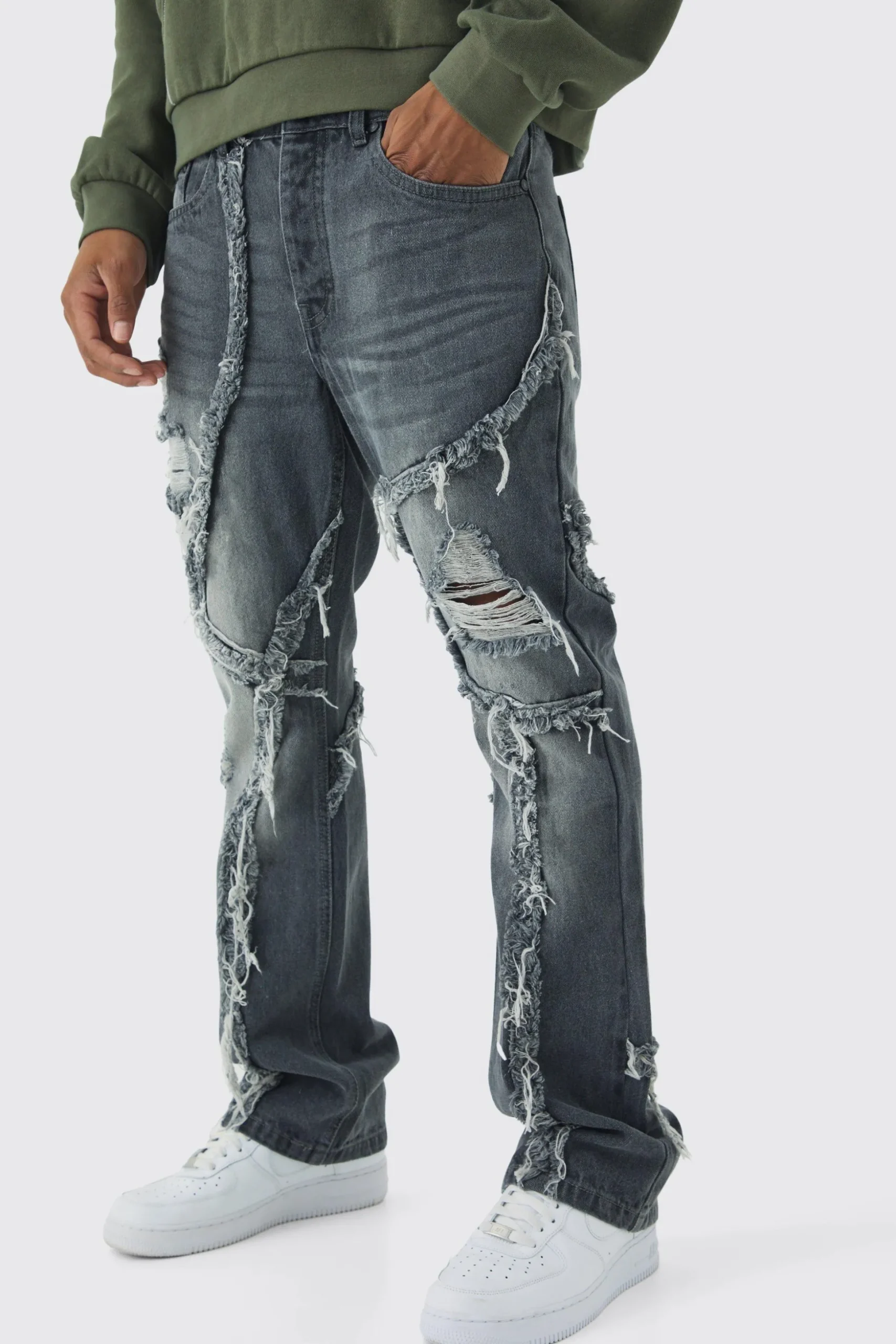 Slim Flared Patchwork Distressed Jeans | BoohooMAN UK