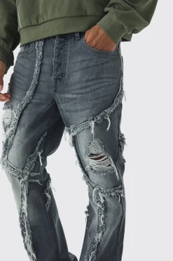 Slim Flared Patchwork Distressed Jeans | BoohooMAN UK