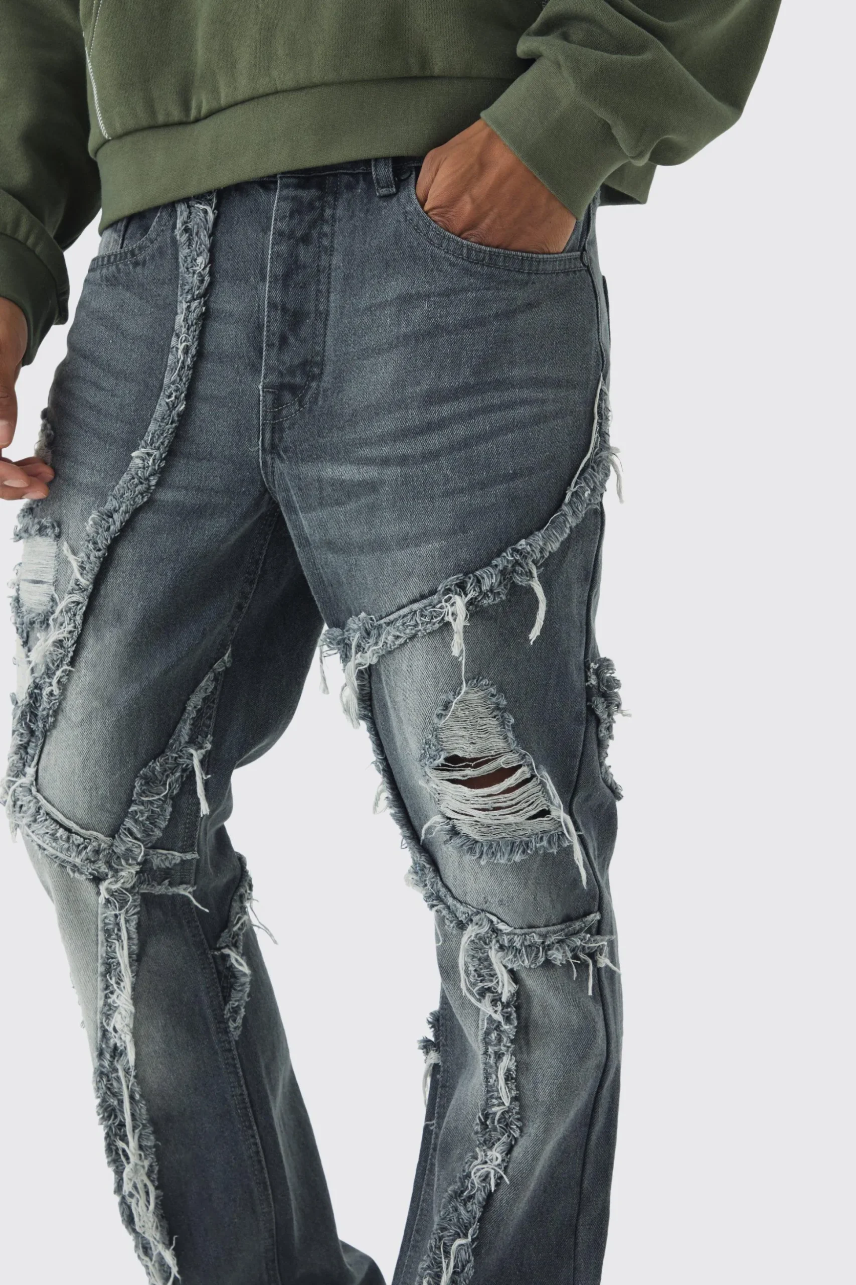 Slim Flared Patchwork Distressed Jeans | BoohooMAN UK