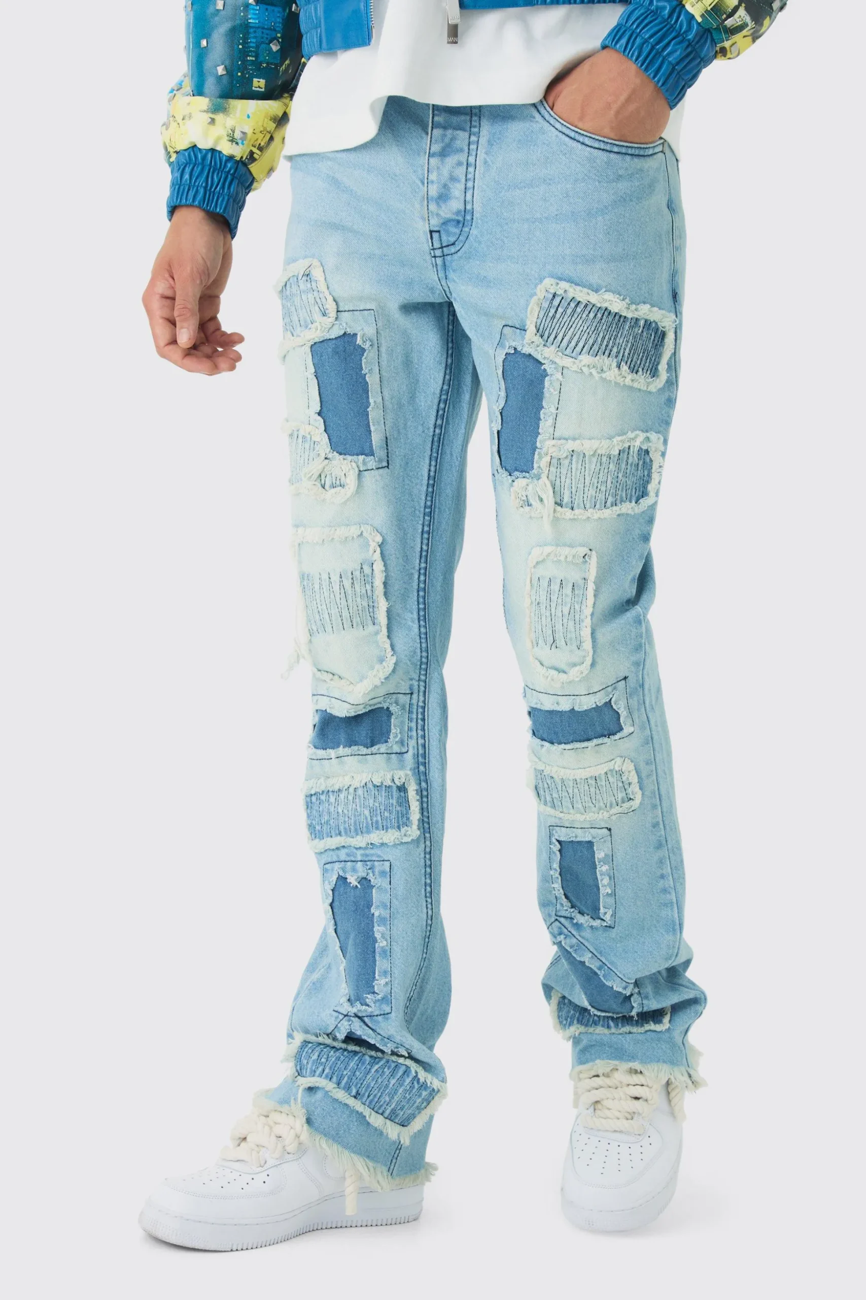 Slim Flared Stacked Rip & Repair Stitch Jeans | BoohooMAN UK