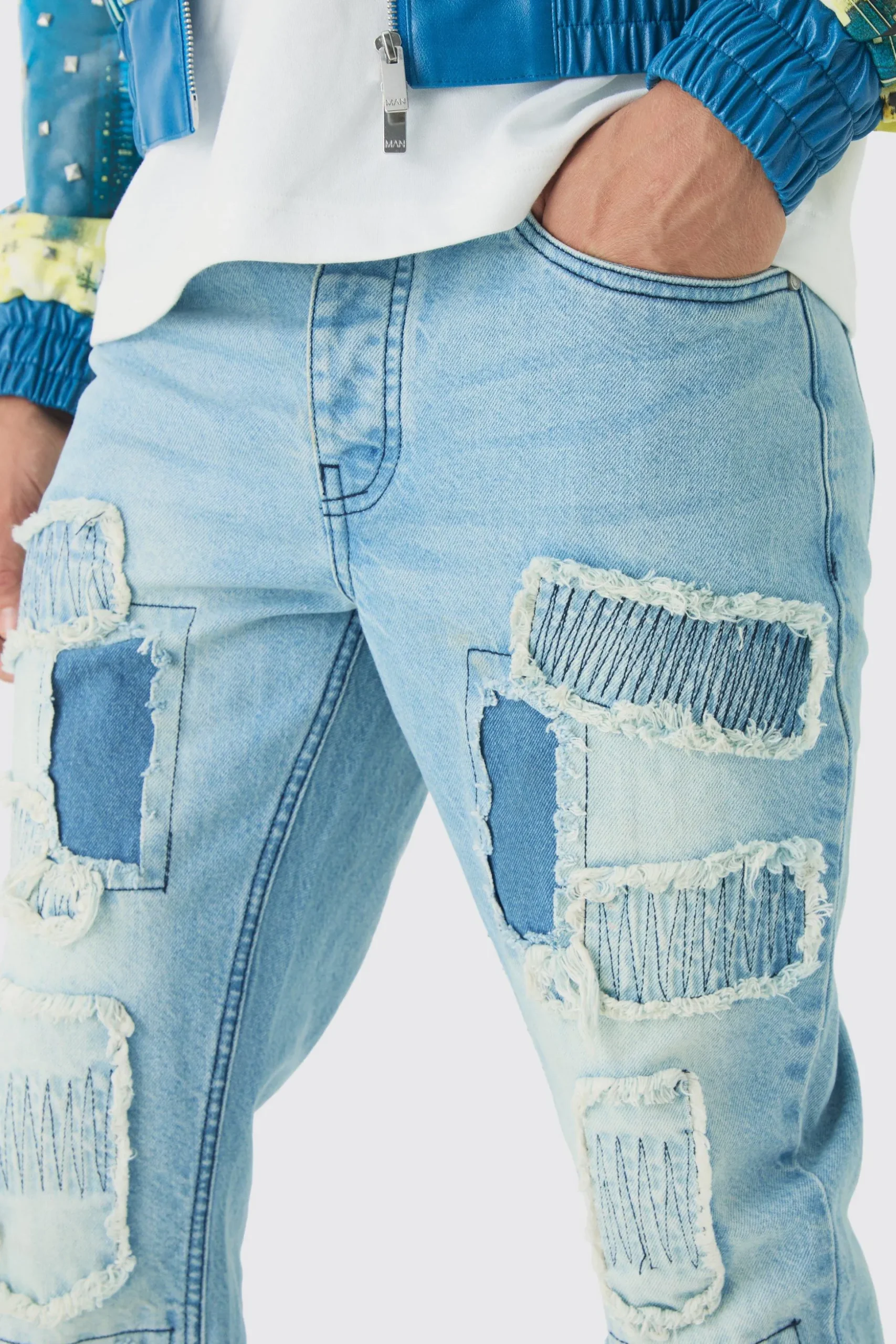 Slim Flared Stacked Rip & Repair Stitch Jeans | BoohooMAN UK