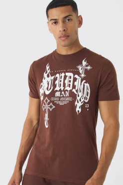 Slim Gothic Cross Print T-Shirt | BoohooMAN UK