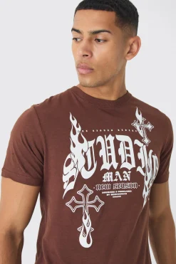 Slim Gothic Cross Print T-Shirt | BoohooMAN UK