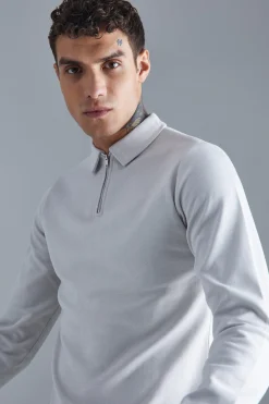 Slim Interlock Long Sleeved Polo | BoohooMAN UK