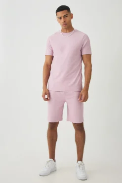 Slim Jacquard Stripe T-shirt & Short Set | BoohooMAN UK