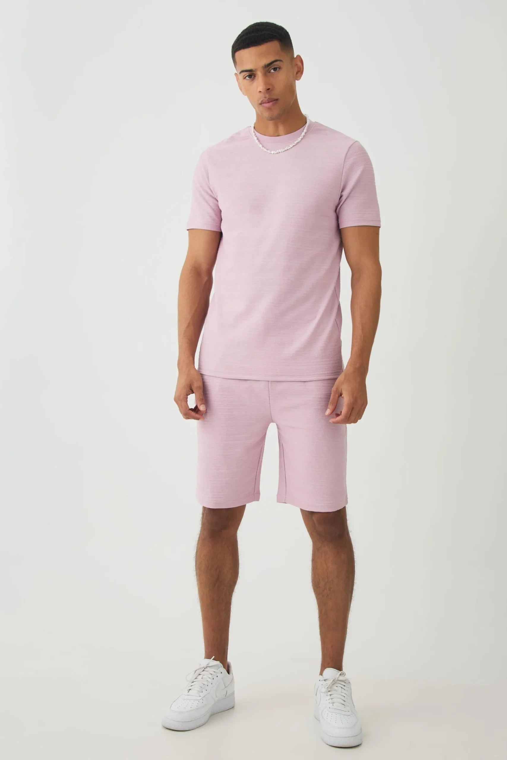 Slim Jacquard Stripe T-shirt & Short Set | BoohooMAN UK