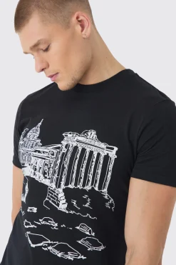Slim Landscape Stencil Print T-Shirt | BoohooMAN UK