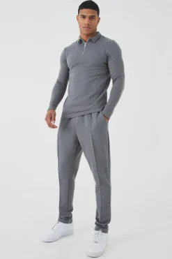 Slim Long Sleeve Jacquard Polo & Jogger Set | BoohooMAN UK