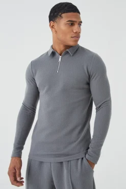 Slim Long Sleeve Jacquard Polo & Jogger Set | BoohooMAN UK