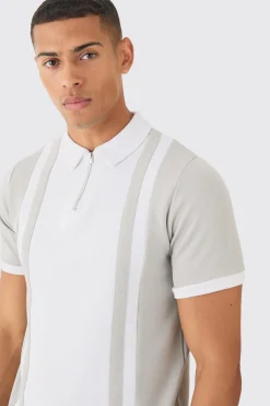 Slim Panelled Zip Neck Interlock Polo | BoohooMAN UK