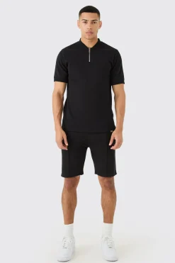 Slim Polo & Short Interlock Set | BoohooMAN UK