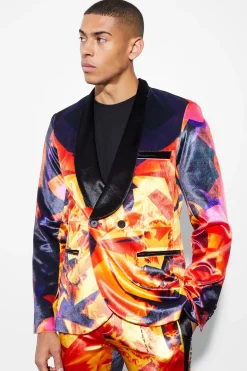 Slim Printed Velour Suit | BoohooMAN UK