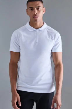 Slim Raglan Zip Neck Interlock Golf Polo | BoohooMAN UK