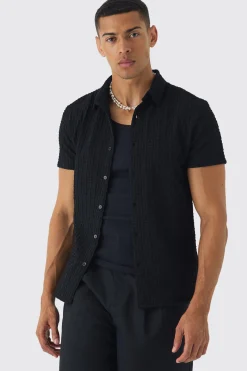 Slim Revere Short Sleeve Textured Shirt | BoohooMAN UK
