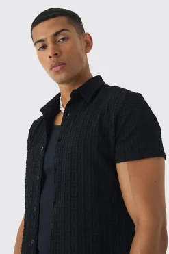 Slim Revere Short Sleeve Textured Shirt | BoohooMAN UK