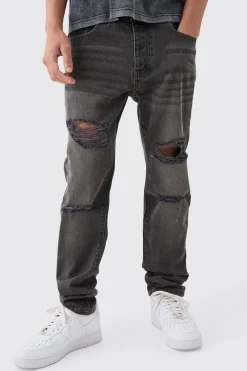Slim Rigid All Over Rip Jean In Charcoal | BoohooMAN UK