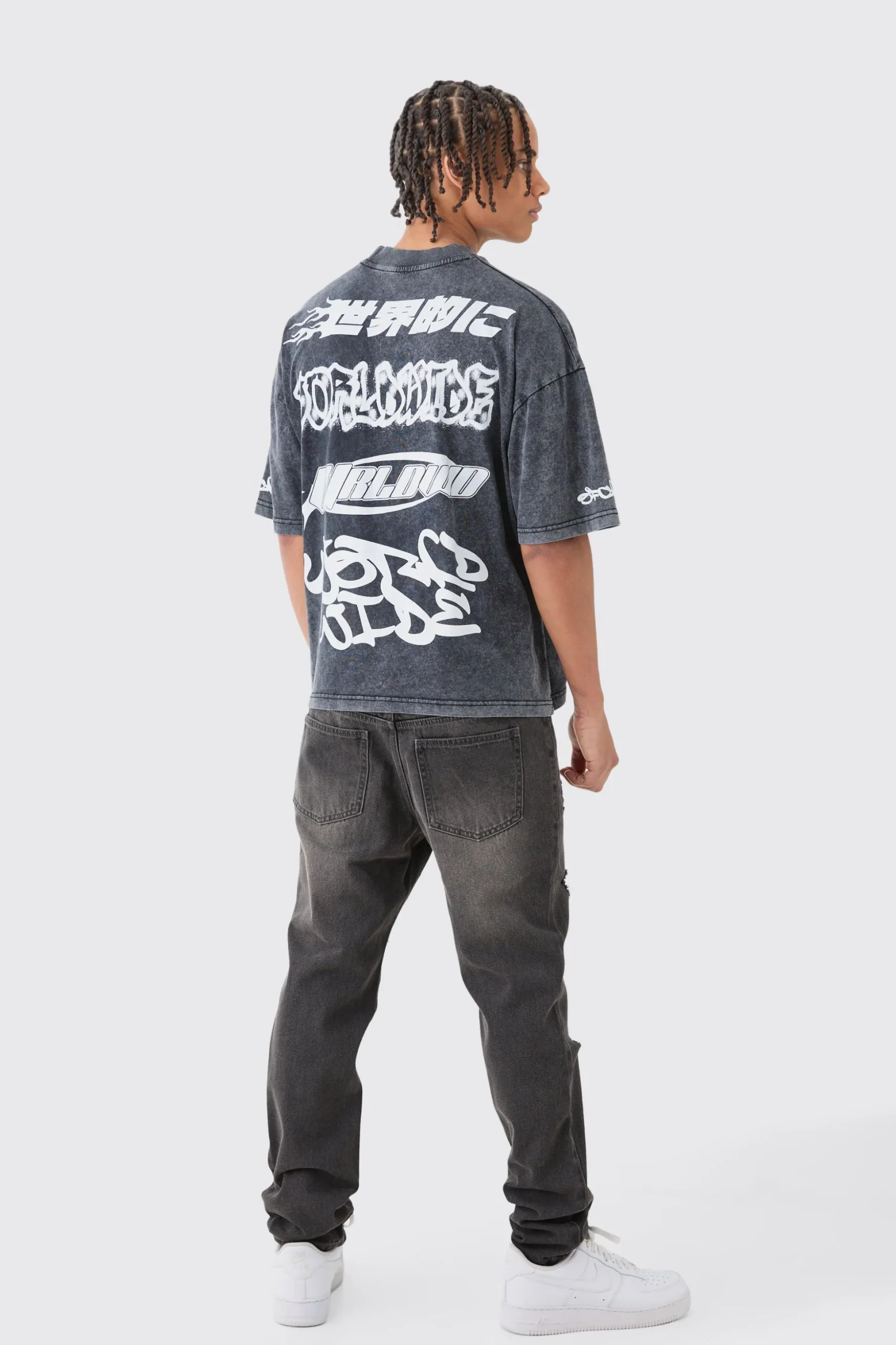 Slim Rigid All Over Rip Jean In Charcoal | BoohooMAN UK