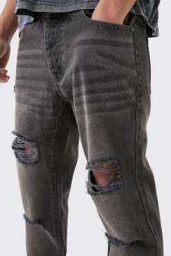 Slim Rigid All Over Rip Jean In Charcoal | BoohooMAN UK