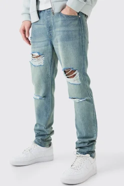 Slim Rigid All Over Rip Jean In Antique Blue | BoohooMAN UK