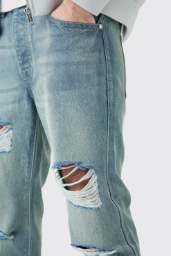 Slim Rigid All Over Rip Jean In Antique Blue | BoohooMAN UK